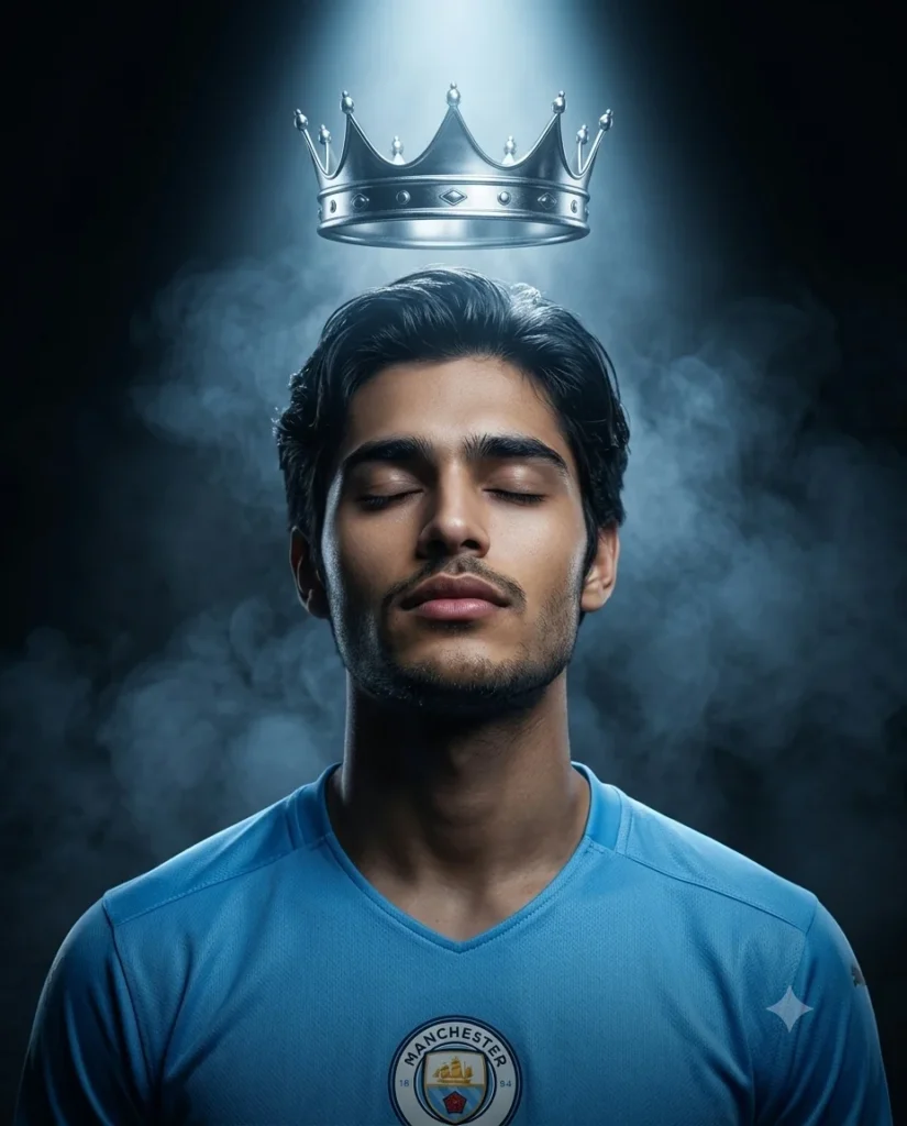 Home 5 Gemini AI Haaland Fans Prompt King Crown Footballer Portrait AI Prompt Dark Studio Smoke Wallpaper 4K