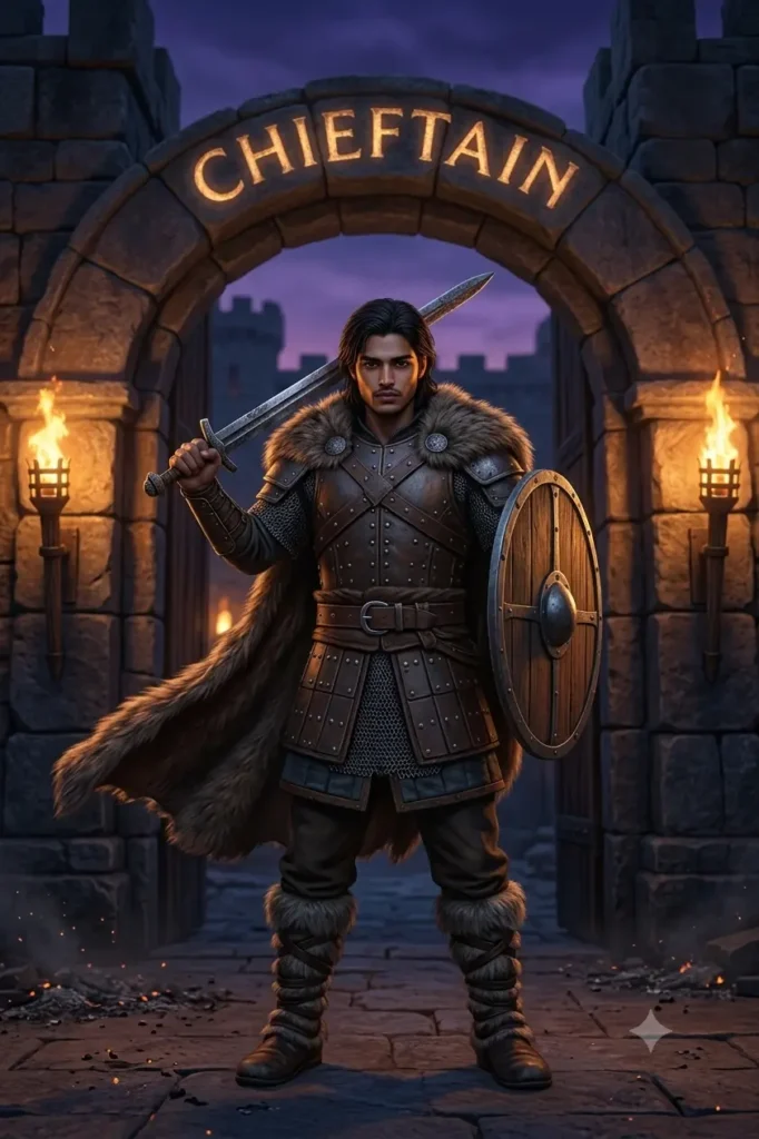 Home 9 Haaland Stle Viking Gemini AI Photo Prompt Stand at a Norse Stone Fortress Like a Chieftain
