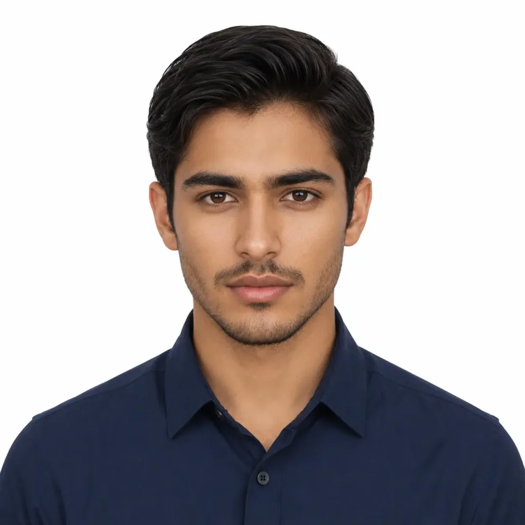 Home 8 AI Passport Photo Generator Prompt Navy Shirt White Background