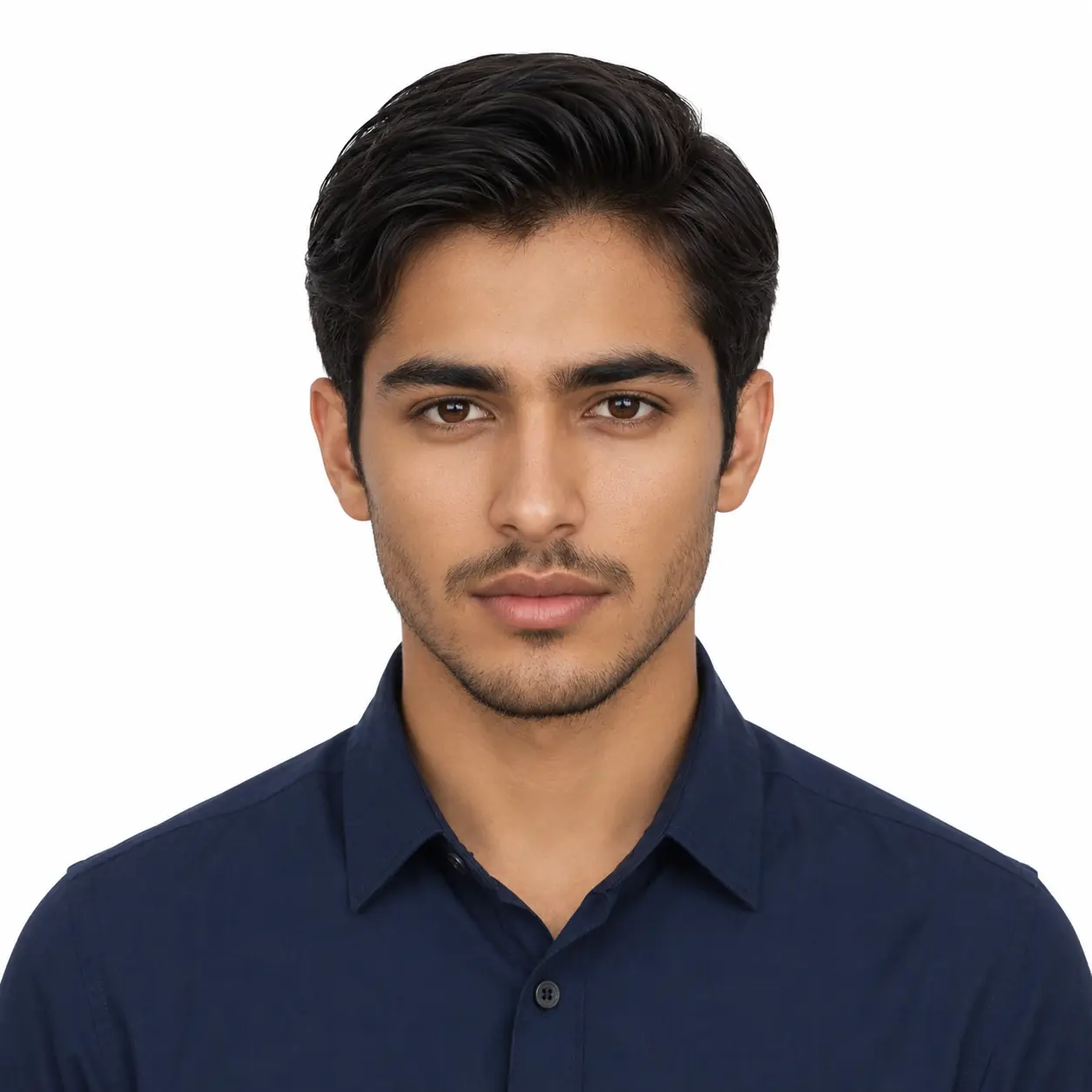 AI Passport Photo Generator Prompt – Navy Shirt, White Background (US Standard 2x2)