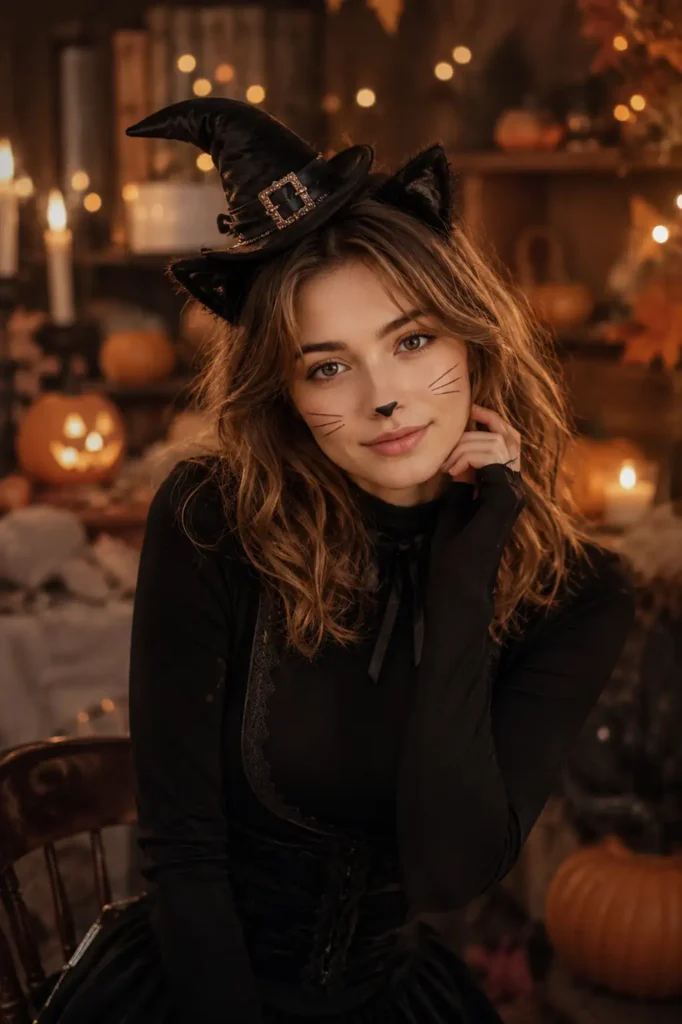 Home 12 ChatGPT cat witch Halloween costume photo of a young woman with cat ear headband and witch hat in a cozy autumn room