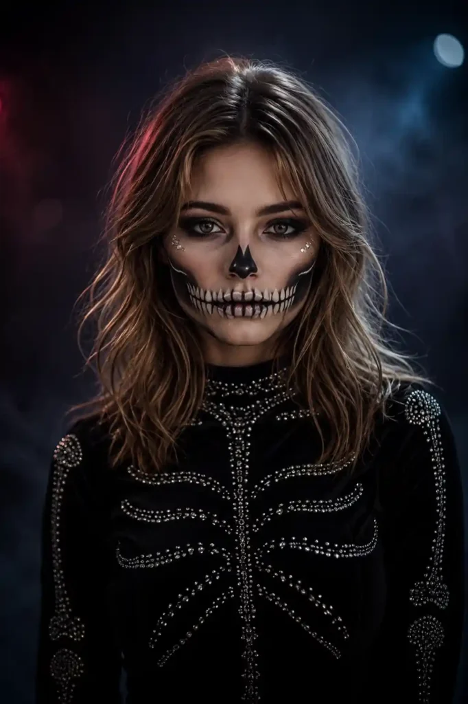Home 10 ChatGPT glam skeleton makeup Halloween photo of a young woman with white-and-black face paint in a dark studio setting