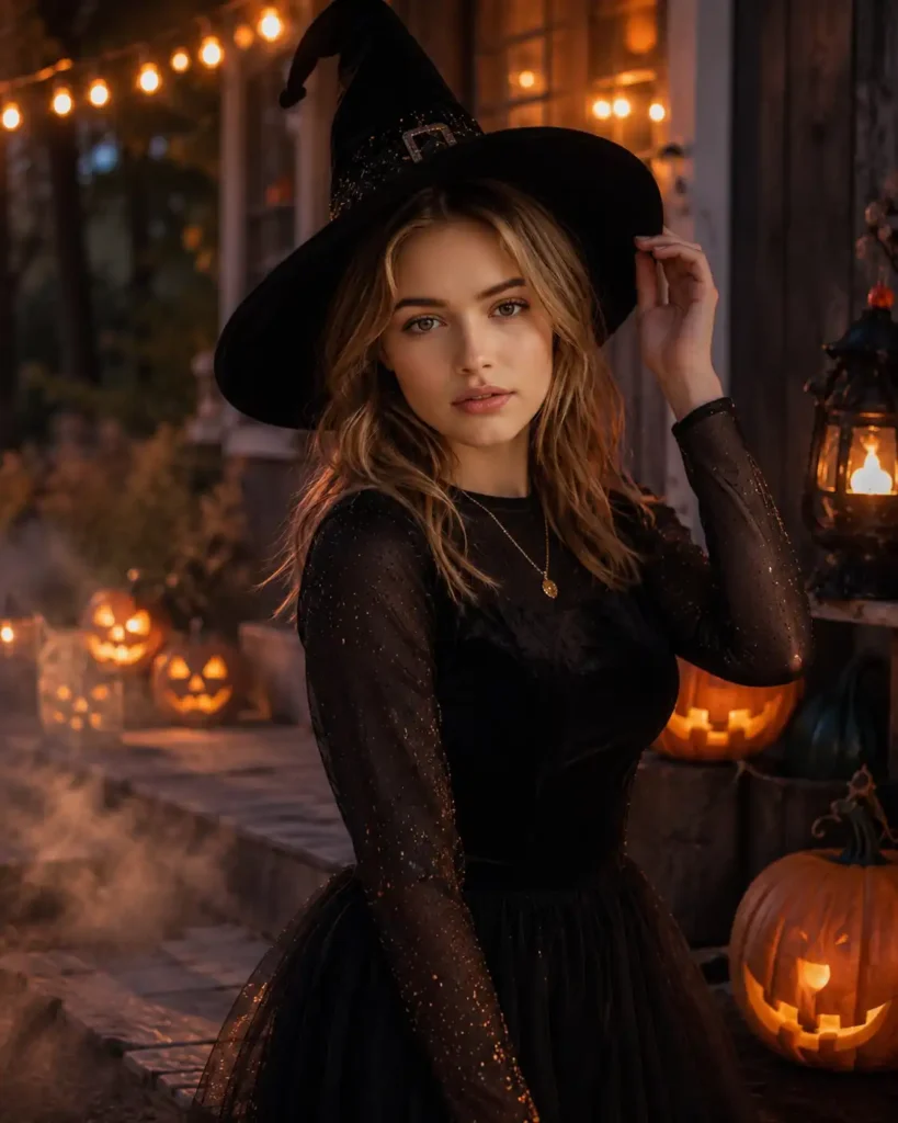 Home 14 ChatGPT glam witch Halloween costume photo of a young woman in black velvet dress with witch hat on a pumpkin-lit porch