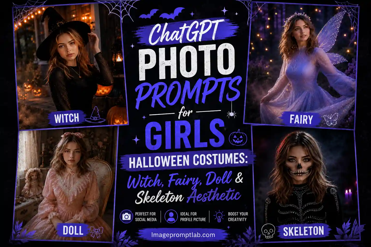 ChatGPT photo prompts for girls Halloween costumes featuring witch, fairy, doll, and skeleton makeup aesthetic looks