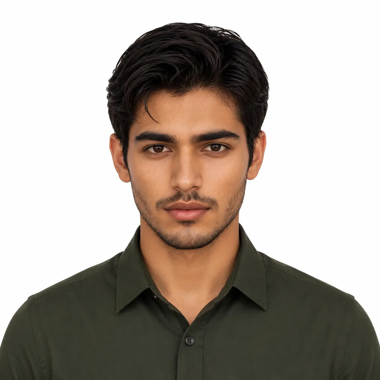 Chatgpt & Gemini Passport Size Photo Prompt – Olive Green Shirt, Soft Reflector Lighting, US Format