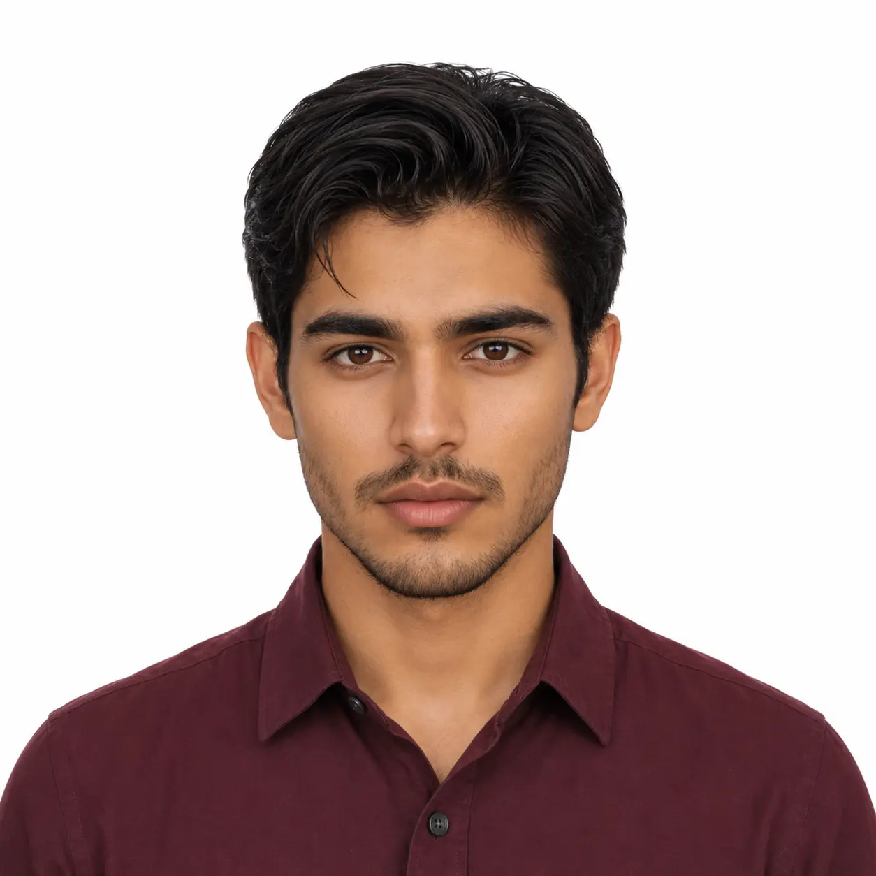 ChatGpt Generated Passport Photo Prompt for Men – Maroon Shirt, US Government Standard