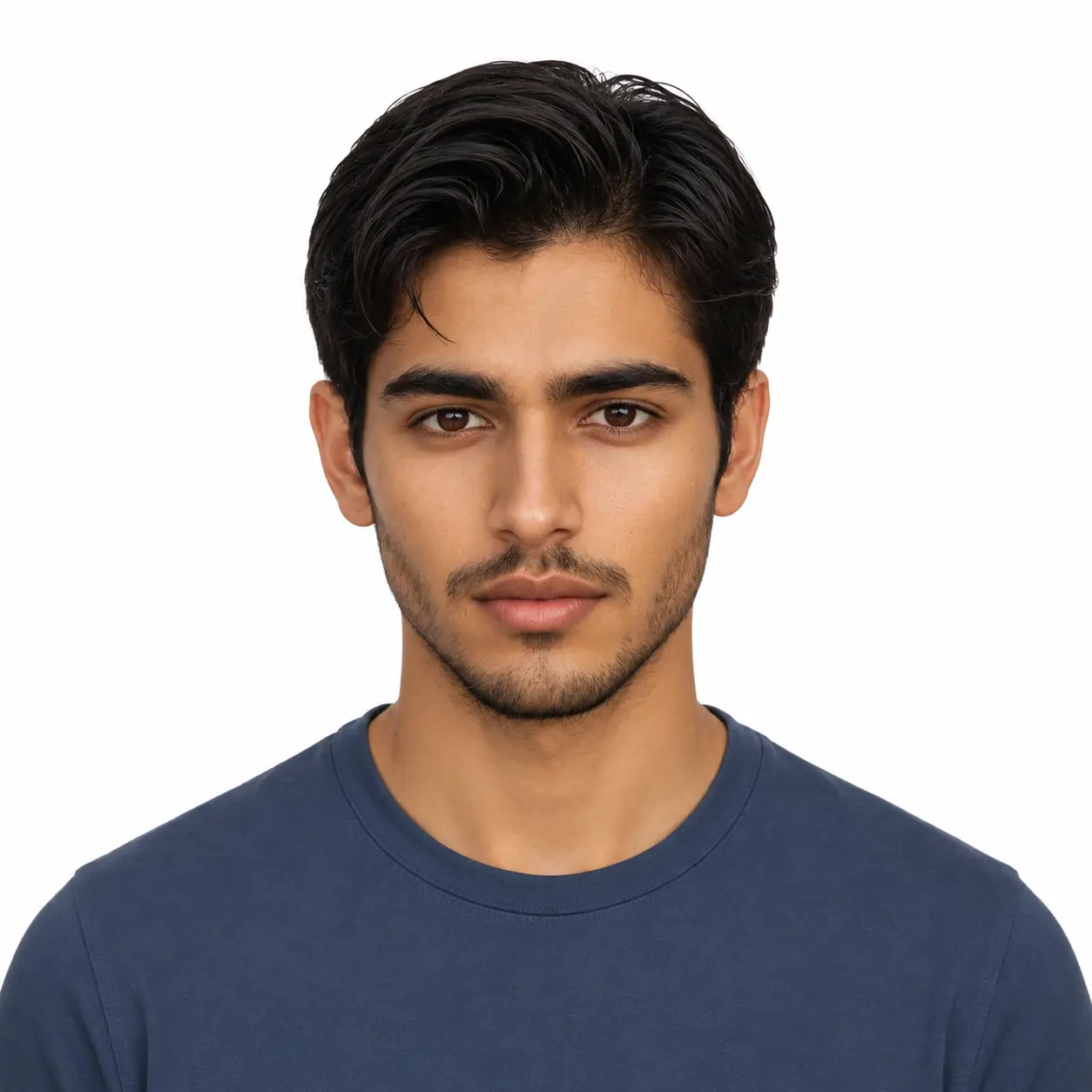 US Passport Photo AI Prompt – Ring Light Setup, Slate Blue Shirt (2x2 Inch)